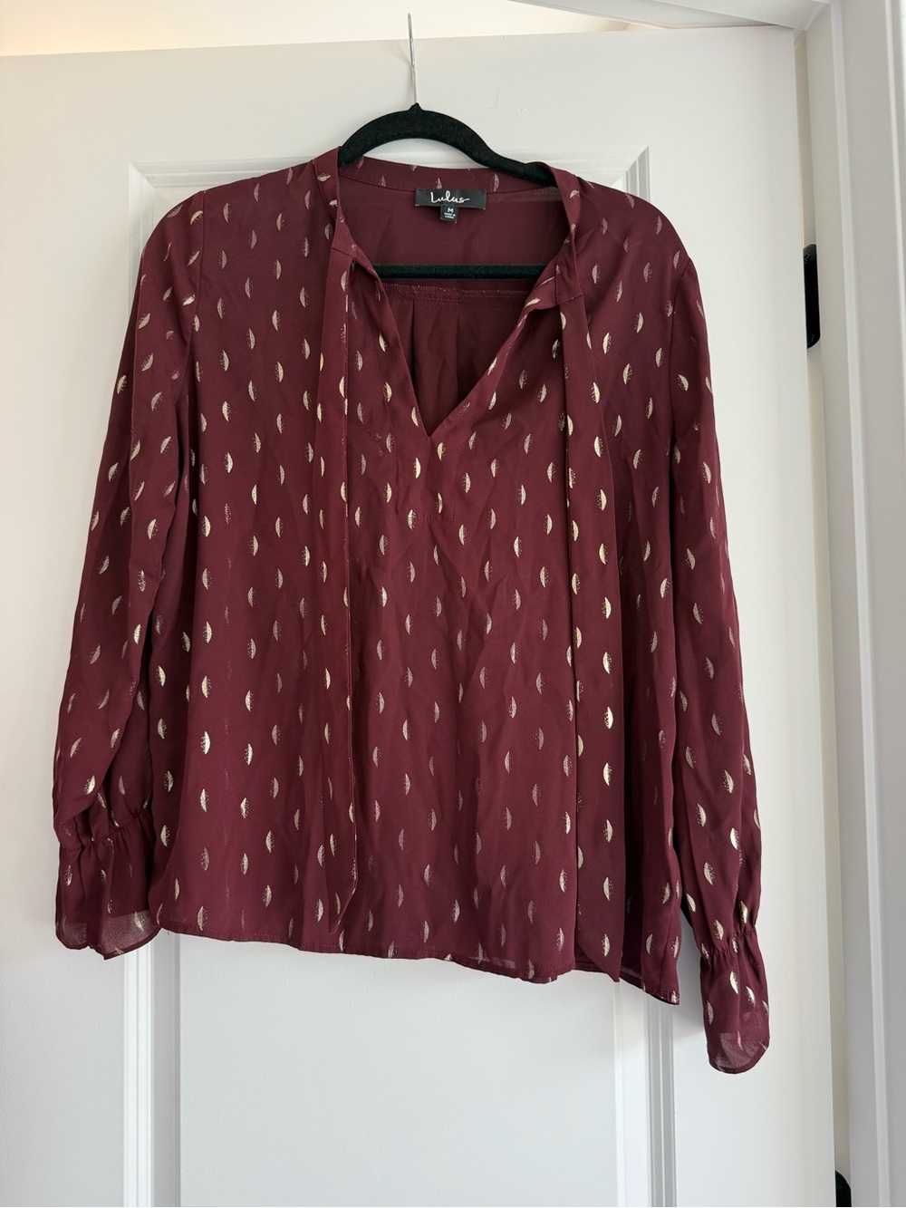 Lulu's Wine Red V-Neck Blouse with Metallic Dot Accents